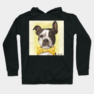 A Painting of a Boston Terrier with a Bow Tie with Smiley Pattern, Yellow Background Hoodie